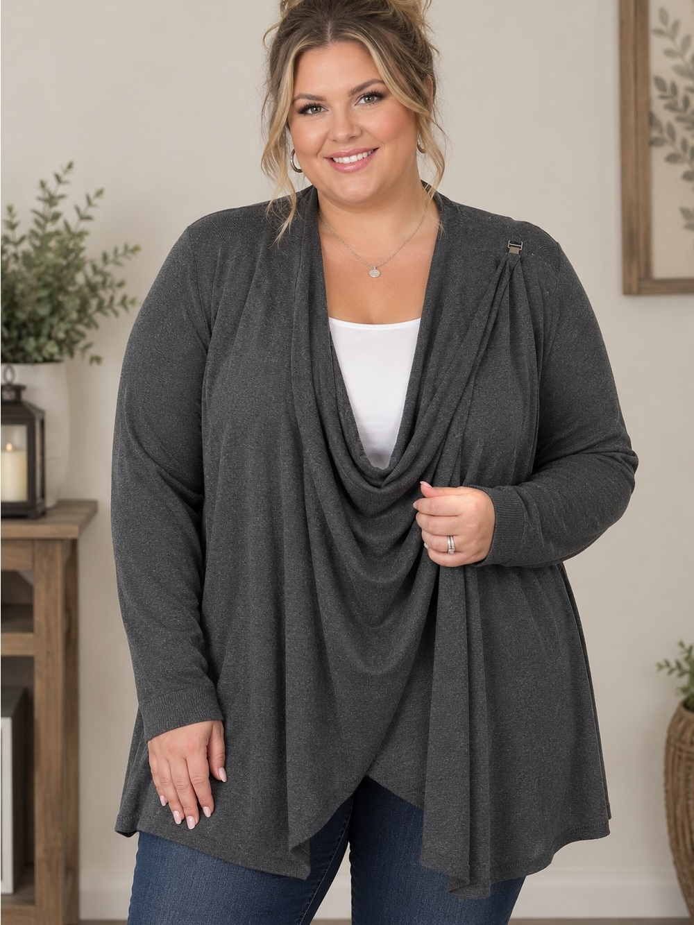 Faded Glory Dark Gray Draped Cowl Cardigan